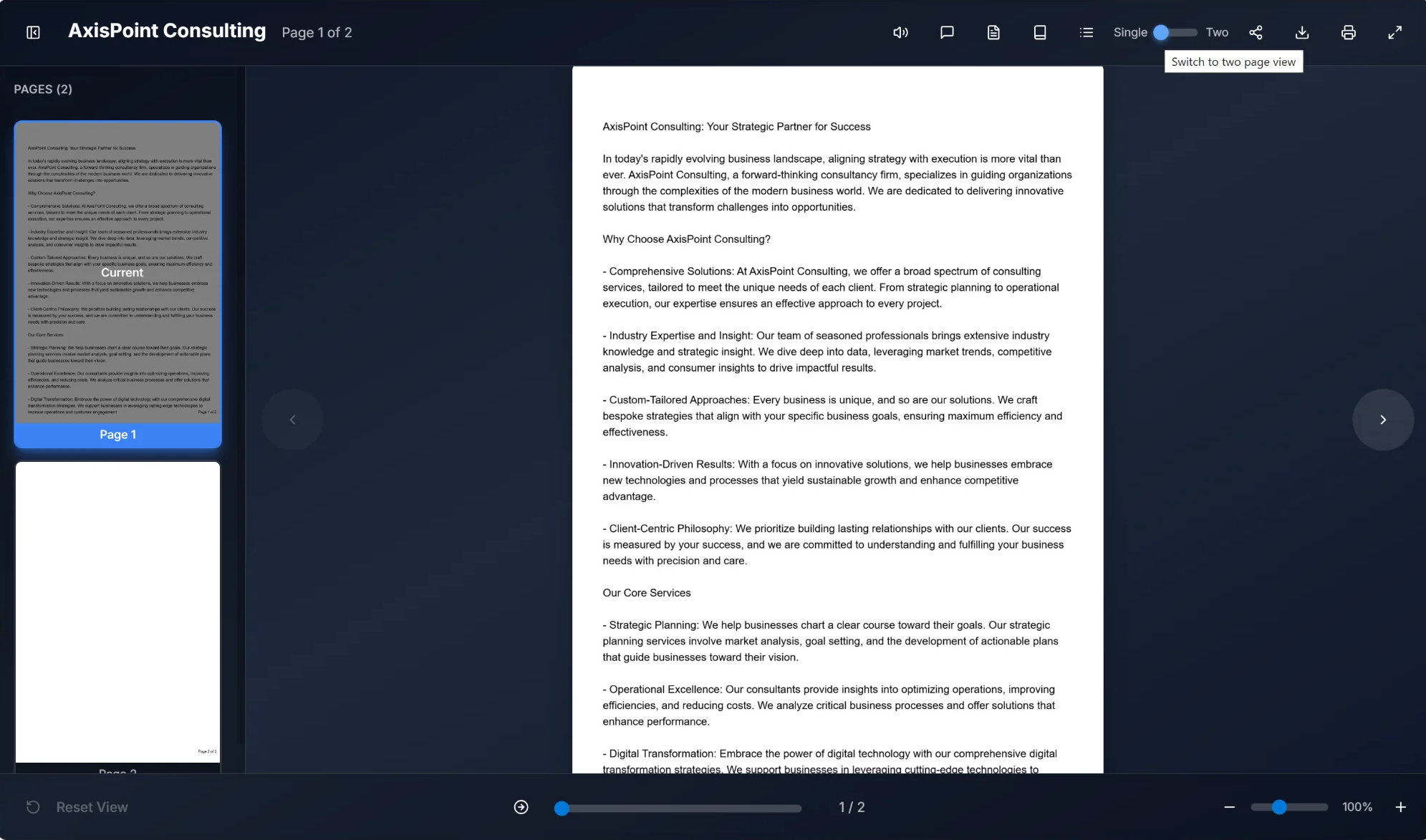 Switch to two page view toggle