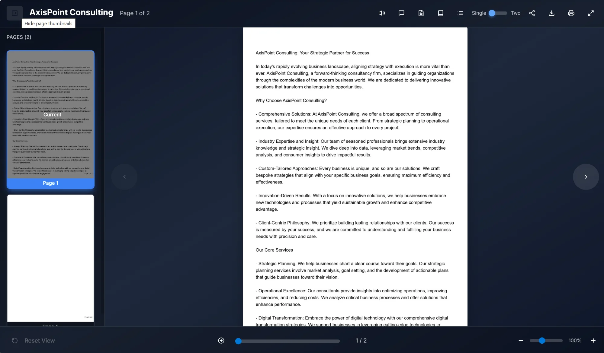 Showing the hide page thumbnails option